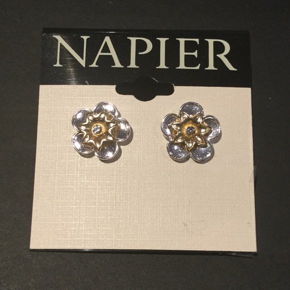 Napier Twotone Flower Button Earrings - Picture 2 of 4